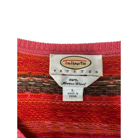 Talbots Petites Sweater Orange Pink Merino Wool‎ Knit V-Neck Nordic Large - Picture 2 of 12